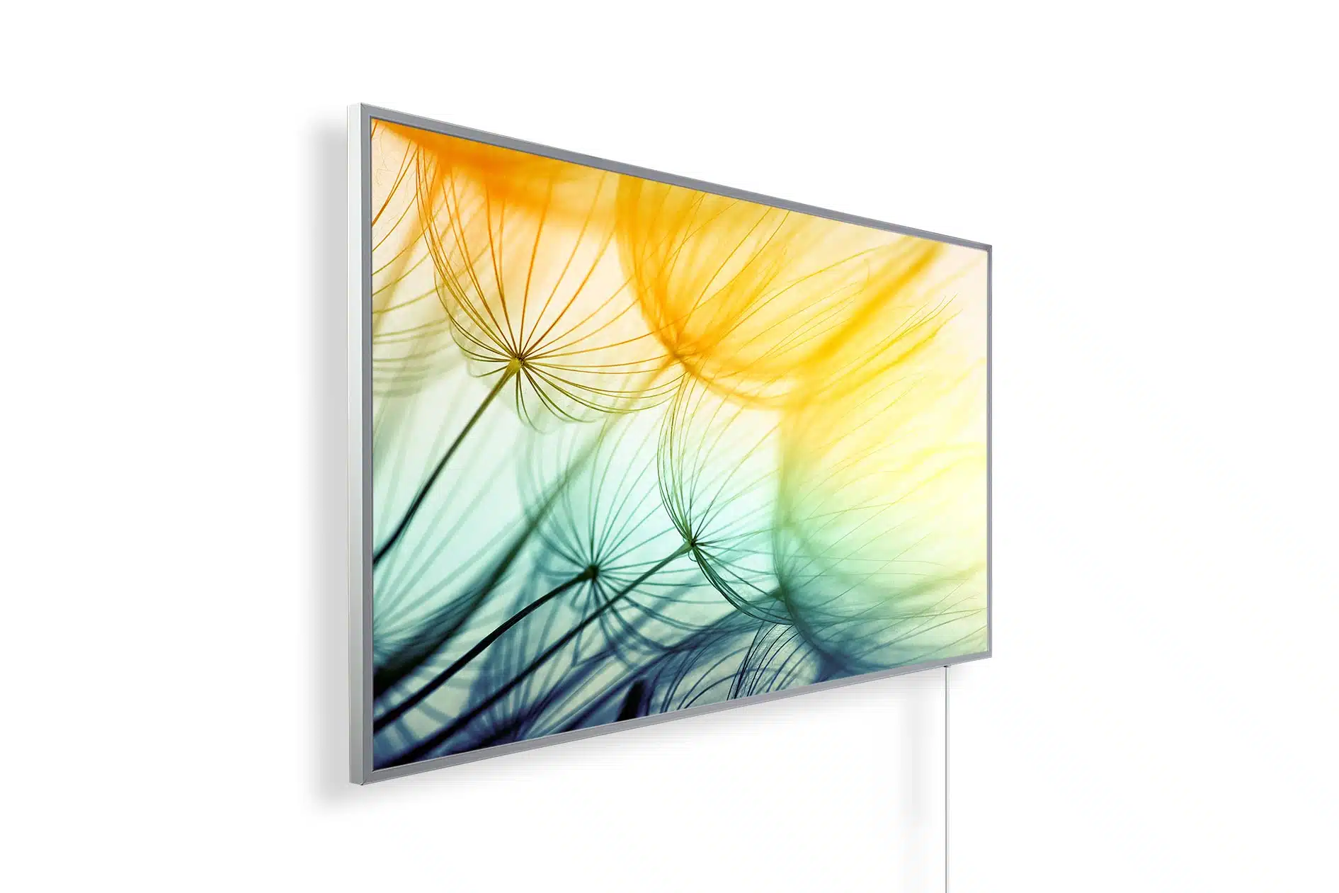 Wandbild mit Pusteblumen in Orange Gelb und Gruen an weisser Wand