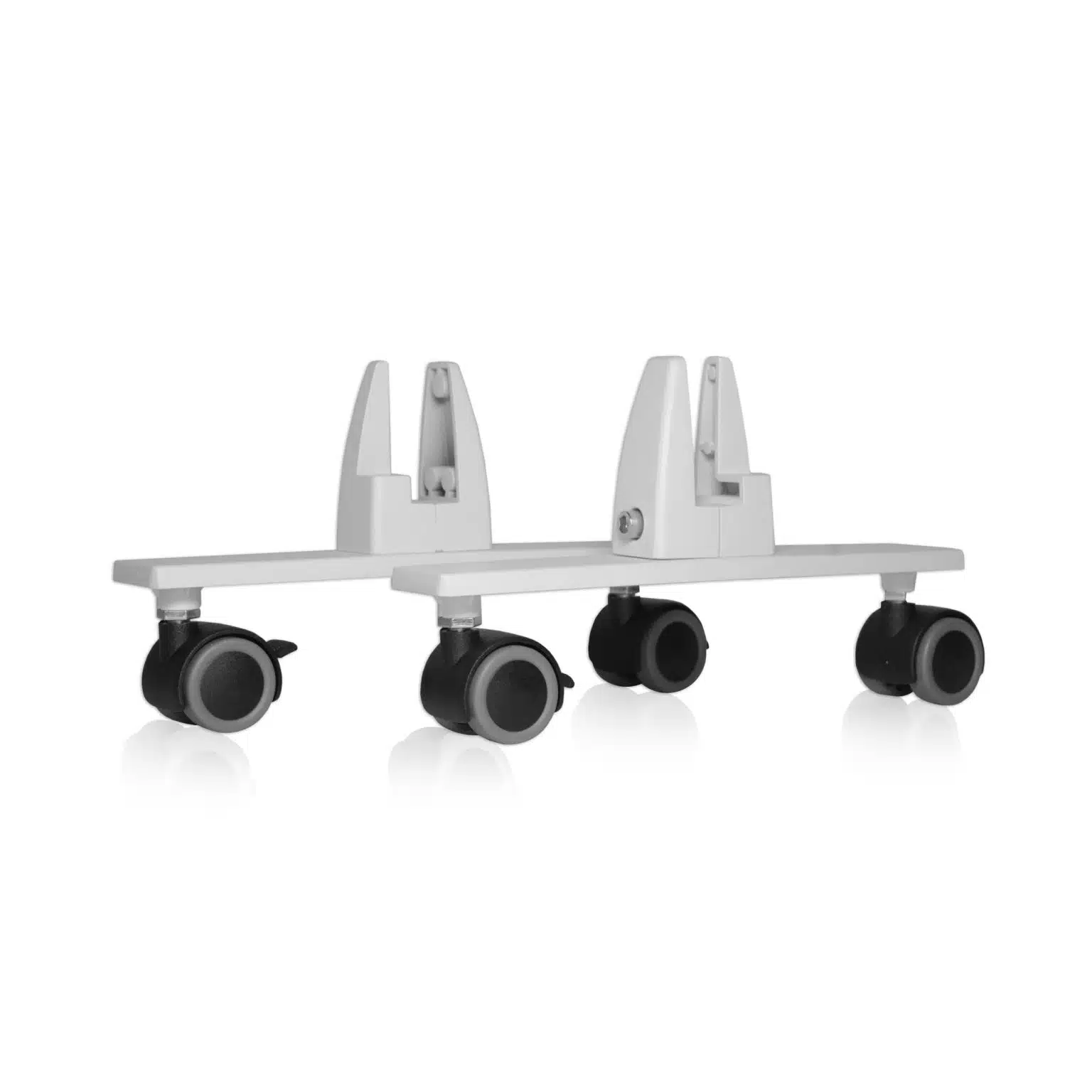 Weisser rollbarer PC Standfuss mit vier schwarzen Doppelrollen und Halterungen