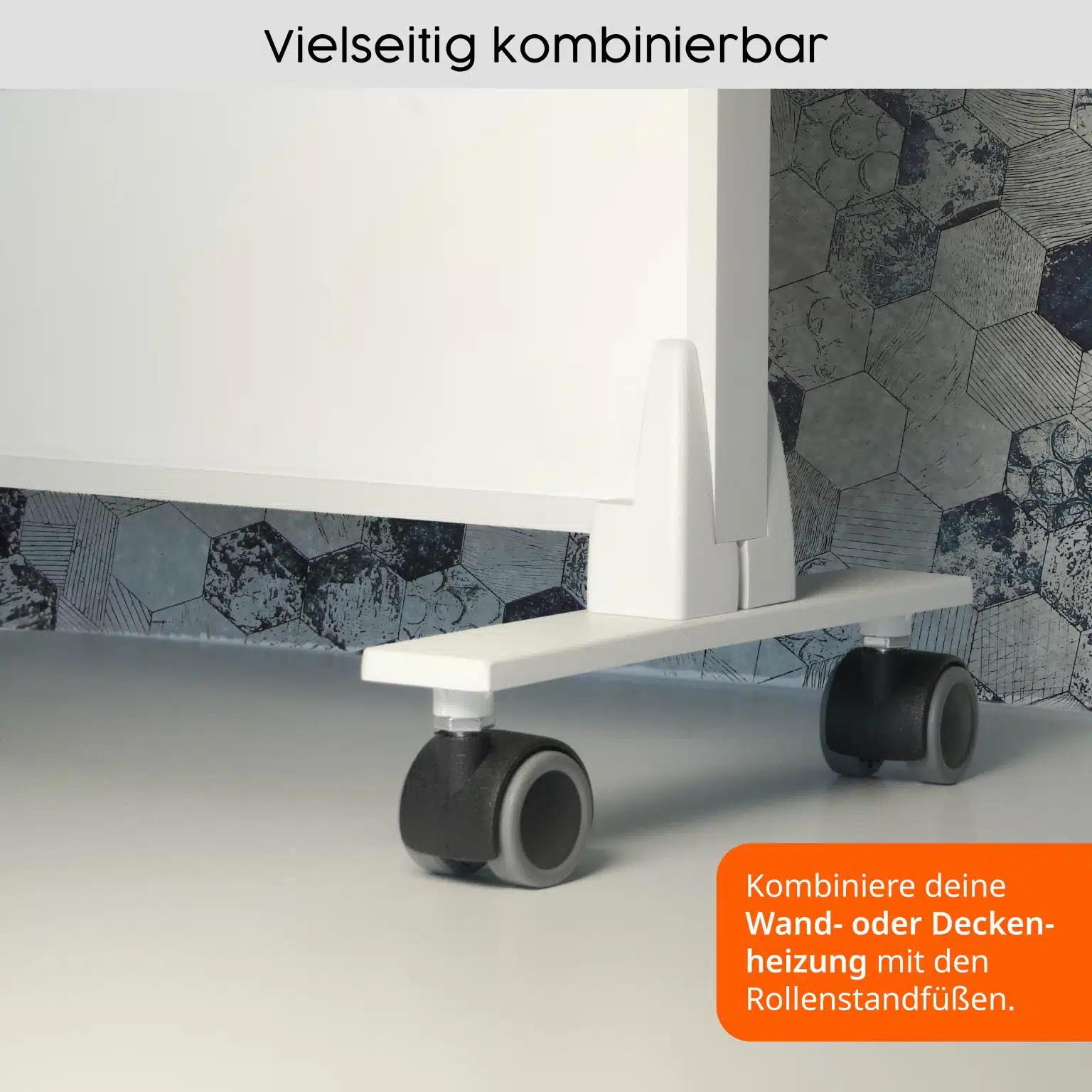 Weisser Rollenstandfuss mit schwarzen Rollen fuer eine mobile Heizplatte