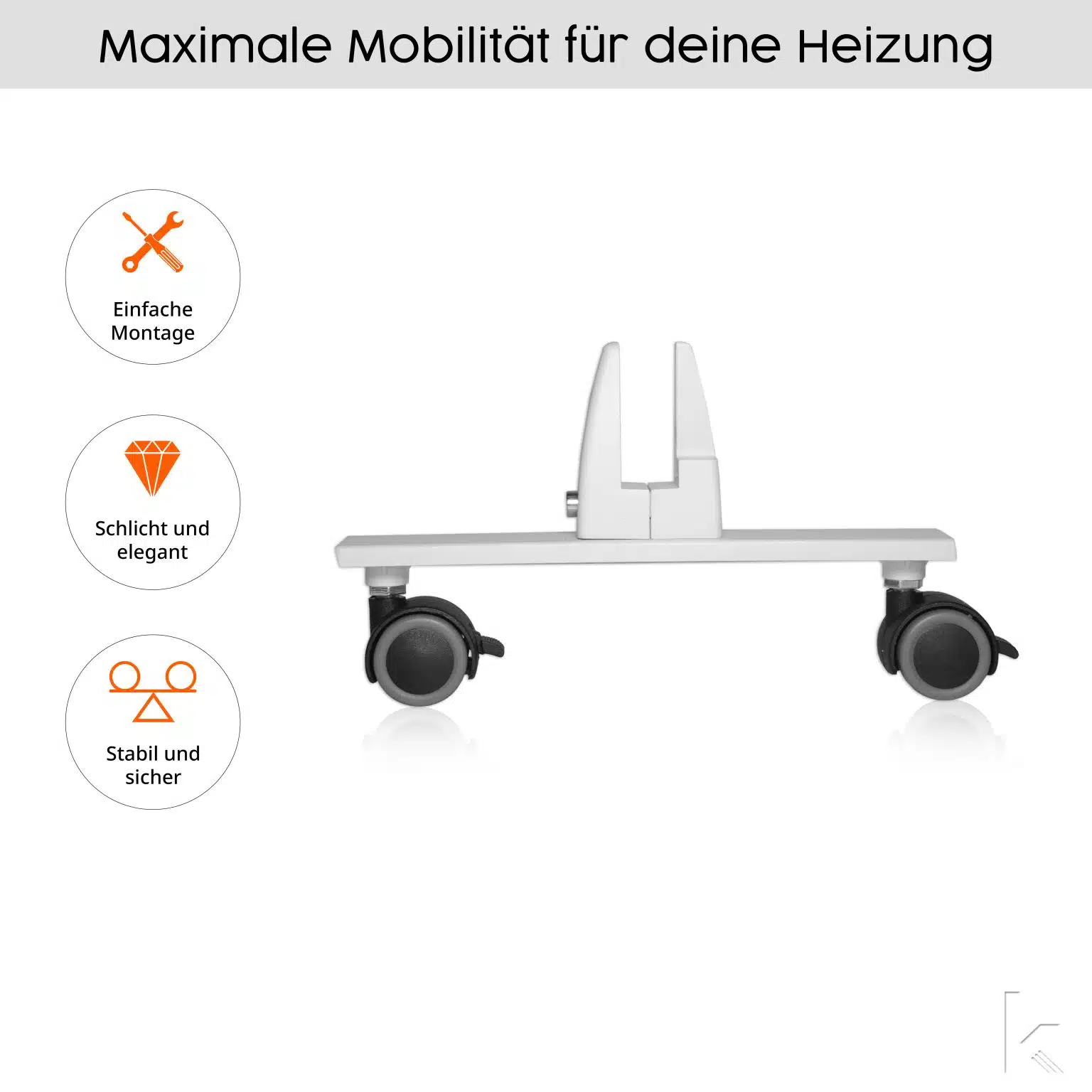 Weisser mobiler Heizungsstaender mit schwarzen Rollen fuer einfache Montage